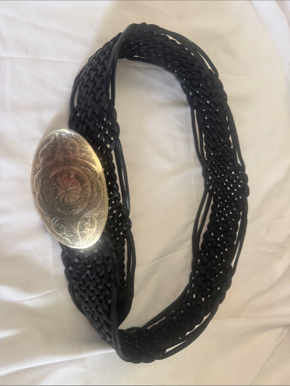 Black Braided Leather Waist Belt with Ornate Silver-Tone Buckle